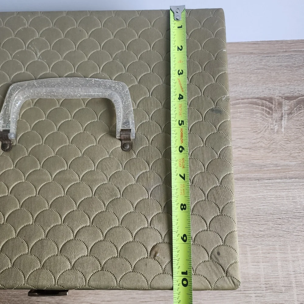 MCM VINTAGE Gold Metallic Quilted Vinyl Sewing Craft Box Lucite Handle